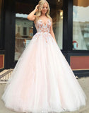 Stunning Sleeveless Floor-Length Tulle Prom Dresses | Appliques V-Neck A-Line Evening Gown