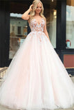 Stunning Sleeveless Floor-Length Tulle Prom Dresses | Appliques V-Neck A-Line Evening Gown