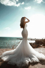 Stunning Sweetheart Beading Mermaid Wedding Gown Sleeveless Tulle Bridal Dress