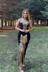 Stunning Velvet Evening Gown Sleeveless Gold Appliques Formal Dress with Detachable Train Side Slit