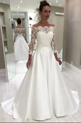 Style A-Line Wedding Dress Bateau 3/4 Sleeves Satin Lace Bridal Gowns On Sale