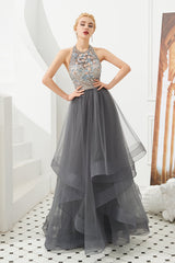 Stylish Halter Beaded Tiered Blackless Tulle Prom Dress