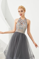 Stylish Halter Beaded Tiered Blackless Tulle Prom Dress