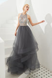 Stylish Halter Beaded Tiered Blackless Tulle Prom Dress