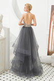 Stylish Halter Beaded Tiered Blackless Tulle Prom Dress