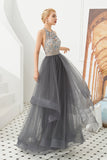 Stylish Halter Beaded Tiered Blackless Tulle Prom Dress