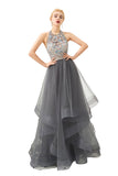 Stylish Halter Beaded Tiered Blackless Tulle Prom Dress