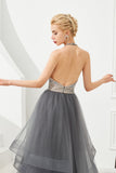 Stylish Halter Beaded Tiered Blackless Tulle Prom Dress