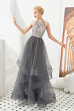 Stylish Halter Beaded Tiered Blackless Tulle Prom Dress