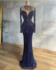 Stylish High Neck Navy Mermaid Evening Dress with Detachable Tulle Train Crystals Beads Long Prom Dress