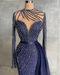 Stylish High Neck Navy Mermaid Evening Dress with Detachable Tulle Train Crystals Beads Long Prom Dress