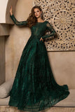 Stylish Long Sleeves Dark Green Evening Maxi Dress