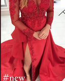 Stylish Long Sleeves Red Evening Dress Lace Appliques with Side Slit