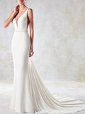 Stylish Mermaid V-Neck Wedding Dress Sexy Open Back Sleeveless Bridal Dress with Beading Sash