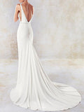 Stylish Mermaid V-Neck Wedding Dress Sexy Open Back Sleeveless Bridal Dress with Beading Sash