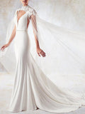 Stylish Mermaid V-Neck Wedding Dress Sexy Open Back Sleeveless Bridal Dress with Beading Sash