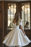 Stylish Off-the-Shoulder Lace Appliques Short Wedding Dress Glitter Sequins Dress for Bride