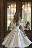 Stylish Off-the-Shoulder Lace Appliques Short Wedding Dress Glitter Sequins Dress for Bride