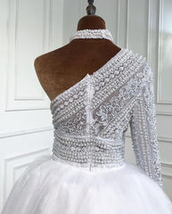 Stylish One-Shoulder Tulle Lace Prom Dress with Pearls On Sale