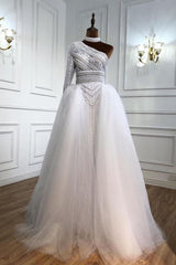 Stylish One-Shoulder Tulle Lace Prom Dress with Pearls On Sale