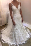 Stylish Sheath Lace Wedding Dress V-Neck Appliques Sleeveless Bridal Gowns On Sale