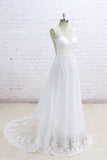 Stylish Sleeveless Straps V-neck Wedding Dress | White A-line Tulle Bridal Gowns With Appliques