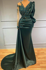 Stylish V-Neck Jade Long Prom Dress Long Sleeves Satin Beads Evening Maxi Dress