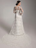 StylishSheath Wedding Dress Square Lace Satin Long Sleeve Bridal Gowns with Sweep Train