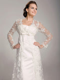 StylishSheath Wedding Dress Square Lace Satin Long Sleeve Bridal Gowns with Sweep Train