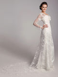 StylishSheath Wedding Dress Square Lace Satin Long Sleeve Bridal Gowns with Sweep Train