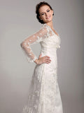 StylishSheath Wedding Dress Square Lace Satin Long Sleeve Bridal Gowns with Sweep Train