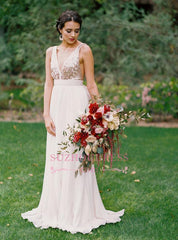 Summer Bowknot Sequined Open Back Sleeveless Plunging-Neck Long Beach Wedding Dresses