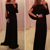 Summer Long-Sleeve Off-the-Shoulder A-Line Black Chiffon Prom Dresses BA4768