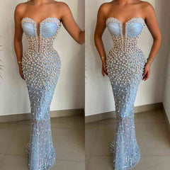 Suzhoufashion Amazing Sky Blue Sweetheart Pearls Prom Dress Mermaid With Beads