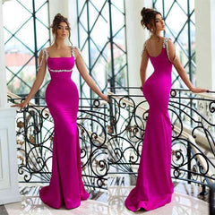 Suzhoufashion Amazing Sparkle Beaded Straps Fuchsia Column Satin Floor length Evening Prom Dresses