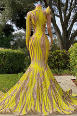 Suzhoufashion Charming Yellow High Neck Long Sleeve One Shoulder Mermaid Prom Dresses