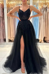 Suzhoufashion Classy Long Black A-line Sequined Lace Evening Gowns With Slit