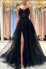 Suzhoufashion Classy Long Black A-line Sequined Lace Evening Gowns With Slit