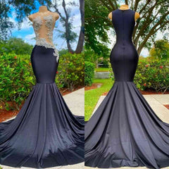 Suzhoufashion Classy Long Black Jewel Mermaid Lace Prom Dresses with Appliques