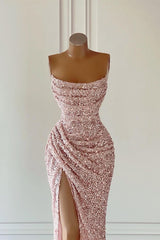 Suzhoufashion Classy Pink Sequins Sleeveless Evening Dresses With Split