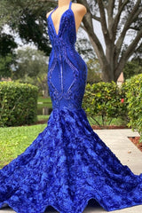 Suzhoufashion Classy Royal Blue Halter Long Sleeveless Lace Mermaid Prom Dresses