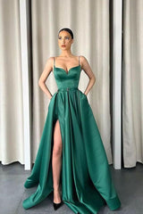 Suzhoufashion Dark Green Spaghetti-Strapes Slit Evening Dress Long With Pockets