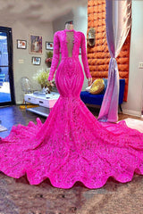 Suzhoufashion Designer Fuchsia V-neck Mermaid Sparkle Long Prom Dress With Long Sleeves