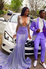 Suzhoufashion Elegant Long Purple V-Neck Long Long Sleeves Lace Prom Dresses