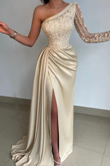 Suzhoufashion Elegant One Shoulder Lace Satin Prom Dress With Slit Long Sleeve