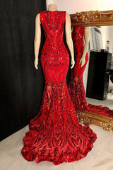 Suzhoufashion Elegant Sleeveless Prom Dress With Lace Long Red Mermaid