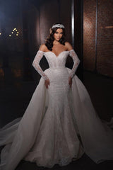 Suzhoufashion Extravagant A-line Lace Mermaid Wedding Dresses with Sleeves Off-the-shoulder