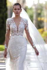 Suzhoufashion Fabulous V-Neck Mermaid Bridal Dresses Appliques Long SleevesWith Lace Appliques