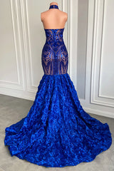 Suzhoufashion Glamorous Long Royal Blue Halter Mermaid Prom Dress With Lace Flowers Sleeveless