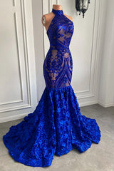 Suzhoufashion Glamorous Long Royal Blue Halter Mermaid Prom Dress With Lace Flowers Sleeveless